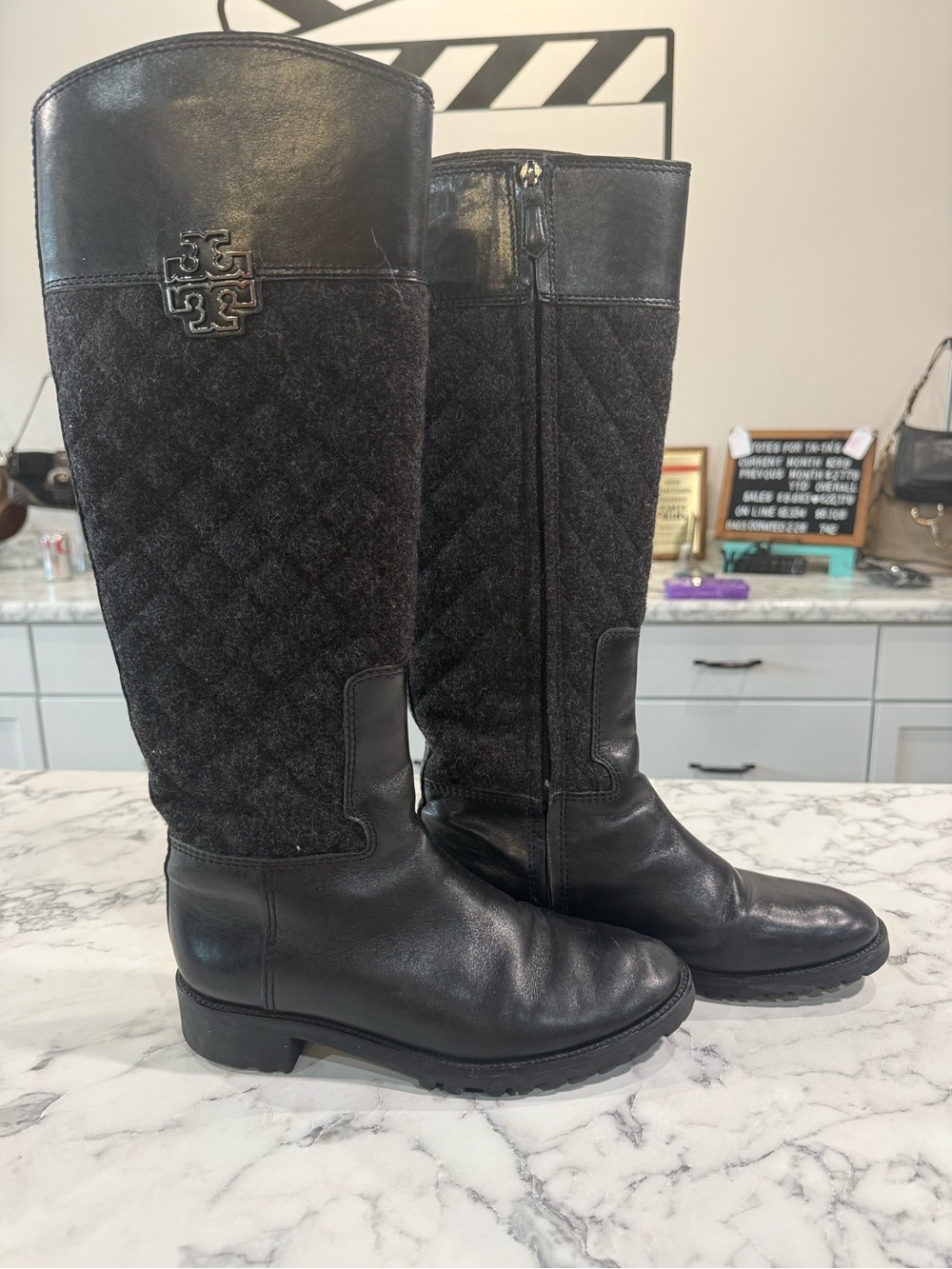 Tory Burch Black Quilted Leather Riding Boots Size 7.5